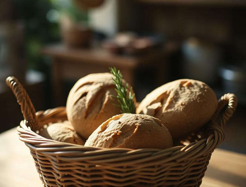 Basket of rosemary sourdough loaves at a local bakery